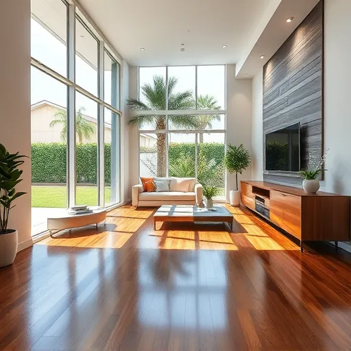 Renovated living room in Port St. Lucie, FL with polished hardwood floors and modern furnishings, featuring large windows and lush backyard.