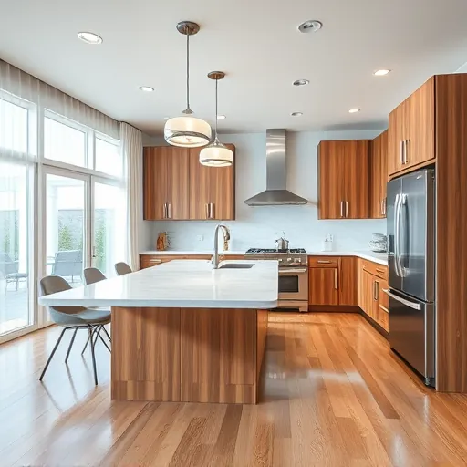 Completed modern kitchen in Rio FL with stainless steel appliances quartz countertops wood cabinets marble island natural light hardwood floors