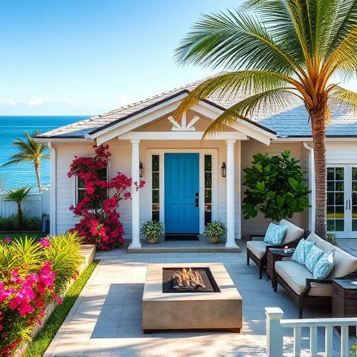 Coastal-style home in Juno Beach with white siding, blue door, tropical landscaping, and ocean view under sunlight.