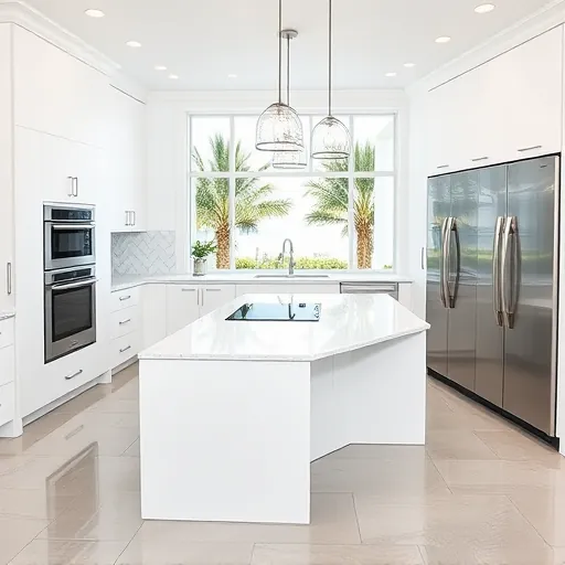 Freshly renovated kitchen in Singer Island FL with modern cabinetry granite island stainless steel appliances and natural lighting.