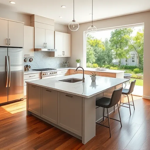 Modern remodeled Wellington FL kitchen with sleek cabinetry, stainless appliances, granite countertops, large windows and hardwood floors
