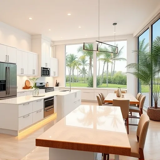 Modern Palm City kitchen remodel with quartz countertops, stylish seating, and bright natural lighting creating an inviting space.