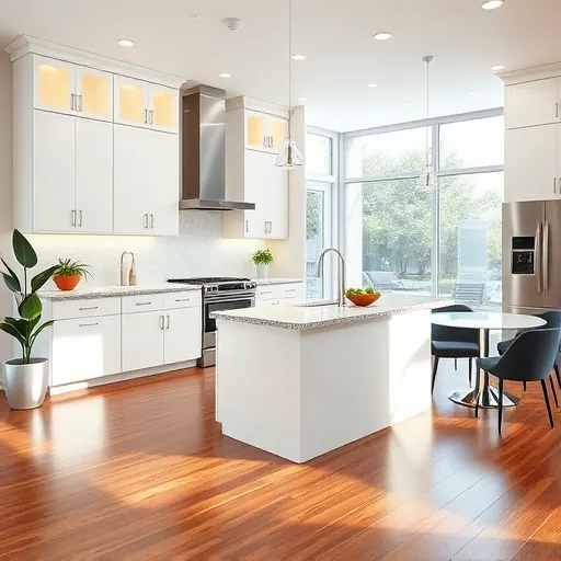 Renovated Floresta Florida kitchen with white cabinets stainless steel appliances granite island hardwood floors and large windows