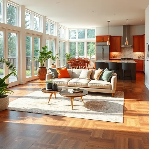 Elegant living room in Wellington FL with modern furniture, natural light, and rich wooden flooring, showcasing chic decor.