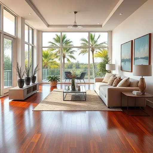 Elegant Jupiter FL living room with modern furnishings, large windows, tropical views, and polished hardwood flooring.