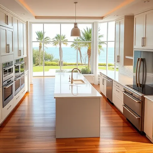 Remodeled Palm Beach Shores kitchen with quartz countertops stainless appliances marble island lush backyard views