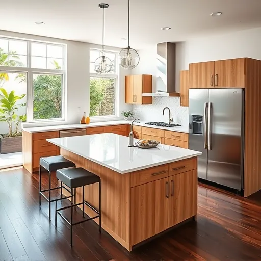 Modern Riviera Beach kitchen with white quartz countertops, stainless steel appliances, custom wood cabinets, marble island, and tropical garden view