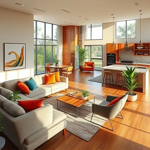 Elegant living room in Rio, FL with modern-traditional decor, large windows, luxurious furnishings, and a sleek kitchen.
