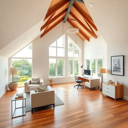 Spacious attic conversion in Port St. Lucie FL with vaulted ceilings, modern furniture, natural light, and Florida landscape views