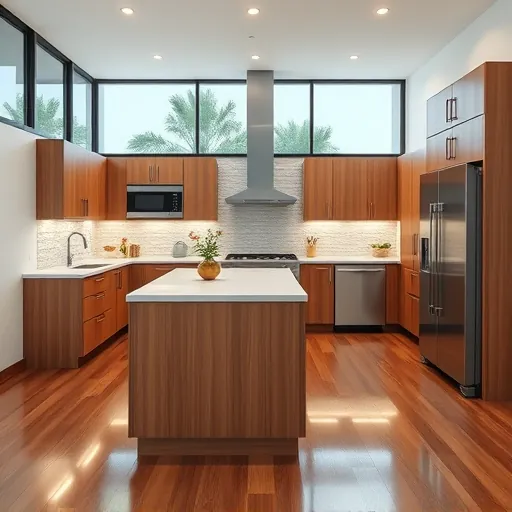 Modern remodeled kitchen in Indiantown FL with sleek cabinetry, stainless steel appliances, quartz island, large tinted windows, and polished hardwood floors