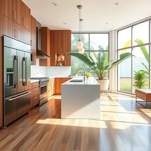 Completed modern kitchen in Hypoluxo FL with stainless appliances, quartz countertops, custom wood cabinets, and lush garden view