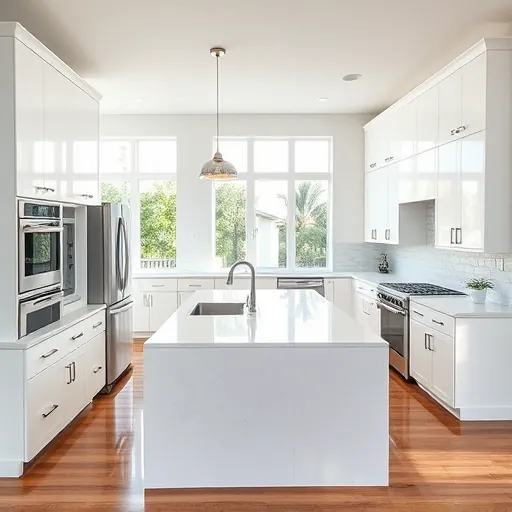 Renovated Briny Breezes Florida kitchen with white glossy cabinets, quartz countertops, stainless appliances, and natural light