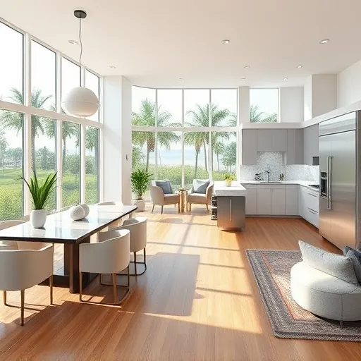 Open-concept modern living space in Port St. Lucie with sleek kitchen, large windows, hardwood floors, and stylish decor