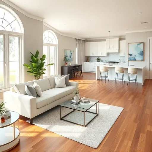Renovated living room in Sebastian FL with natural light, gray walls, hardwood floors, and stylish modern furniture.