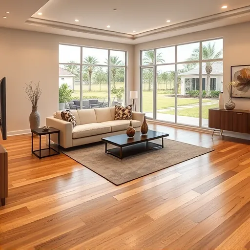 Renovated Port St. Lucie living room with hardwood floors, neutral walls, modern lighting, stylish furniture, lush outdoor view