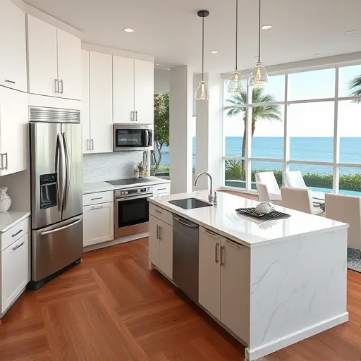 Recently renovated Palm Beach Shores kitchen with modern white cabinets, marble countertops, ocean-inspired backsplash, stainless steel appliances, hardwood floors, and panoramic coastal views