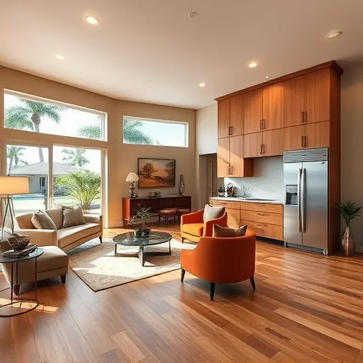 Elegant living room in Port St. Lucie featuring modern open floor plan, polished wooden cabinets, and ambient lighting.