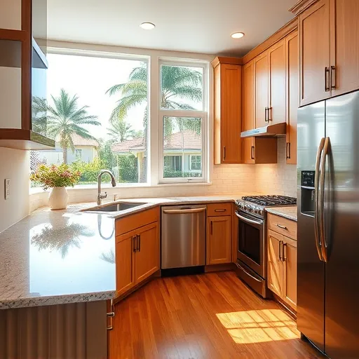 Renovated St. Lucie Village kitchen with granite countertops wooden cabinets stainless appliances large windows greenery