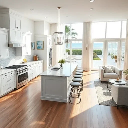 Modern kitchen remodel in Palm Beach Shores with white cabinetry, stainless appliances, granite island, and coastal decor.