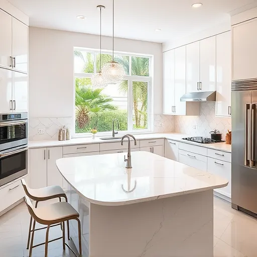 Recently remodeled Palm Beach Gardens kitchen with white cabinets stainless steel appliances marble island and tropical garden view