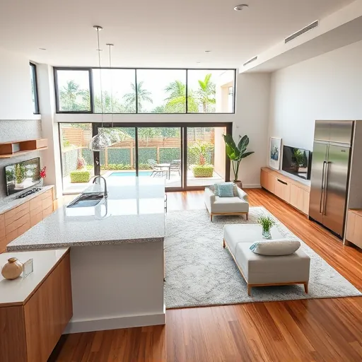 Stunning open-concept living area in Hypoluxo, FL with hardwood floors, modern decor, and garden views.