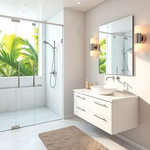 Remodeled Port St. Lucie bathroom with walk-in shower, marble tiles, modern fixtures, natural light, and lush greenery view