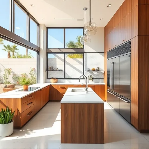 Modern Palm Springs kitchen with wood cabinets, white quartz countertops, black hardware, stainless appliances, and lush outdoor views