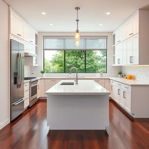 Modern renovated Lakewood Park FL kitchen with white cabinetry, quartz countertops, stainless steel appliances, dark hardwood floors