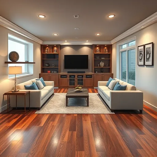 Remodeled Port St. Lucie basement with hardwood floors, modern furniture, ambient lighting, and stylish decor.
