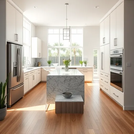 Renovated Treasure Coast kitchen with sleek cabinetry, granite countertops, stainless steel appliances, hardwood floors, and natural light