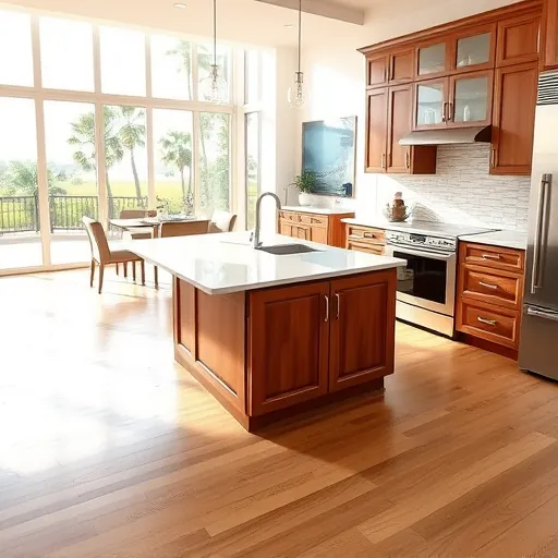 Renovated Indian River Shores kitchen with quartz countertops stainless steel appliances wood cabinetry marble island hardwood floors and tropical landscape views