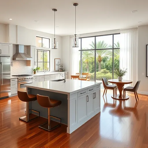 Stunning Palm Beach Gardens kitchen remodel with modern cabinetry, marble countertops, and lush greenery view through windows.