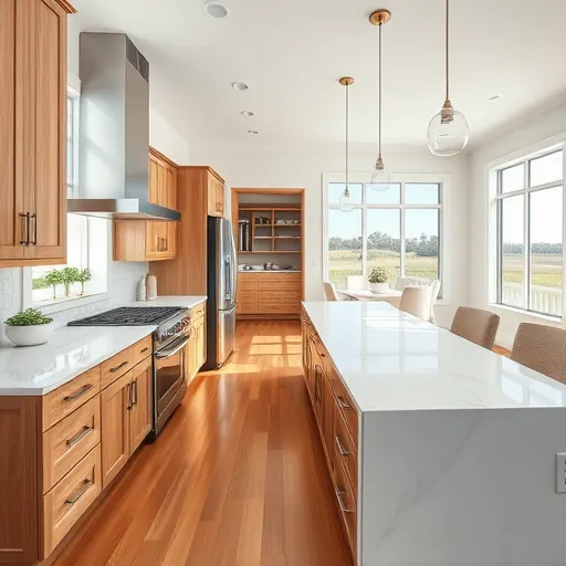 Renovated coastal-inspired kitchen in Hobe Sound FL with quartz countertops stainless steel appliances and warm wood cabinetry