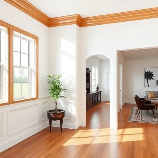 Beautiful modern interior with detailed crown molding and wainscoting, warm wood tones, white walls, natural sunlight.