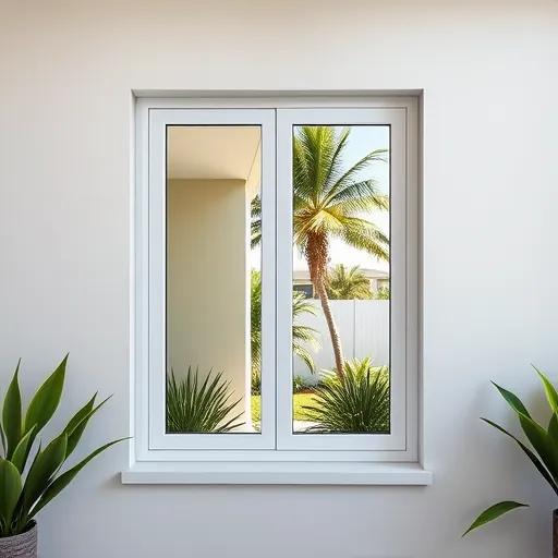 Newly installed double-glazed window in modern Port St. Lucie home with sleek frames, lush garden, and Florida sunshine