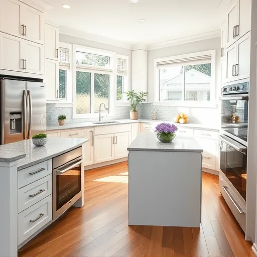 Modern kitchen renovation in Greenacres FL featuring white cabinetry, spacious quartz island, and vibrant potted plants.