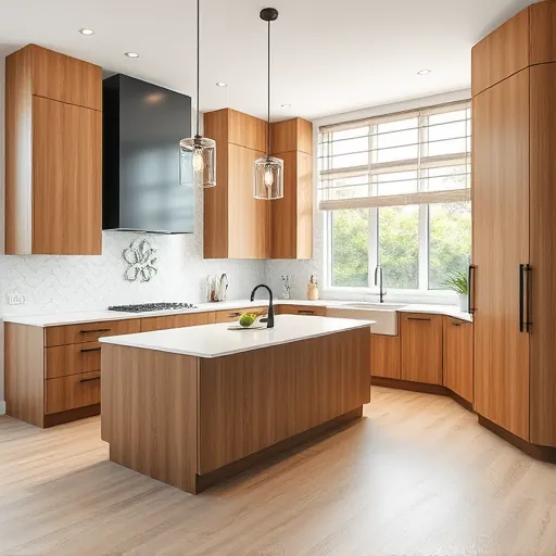 Stunning Jensen Beach kitchen with modern wood cabinets, quartz countertops, herringbone subway tile backsplash, hardwood floors, and coastal décor