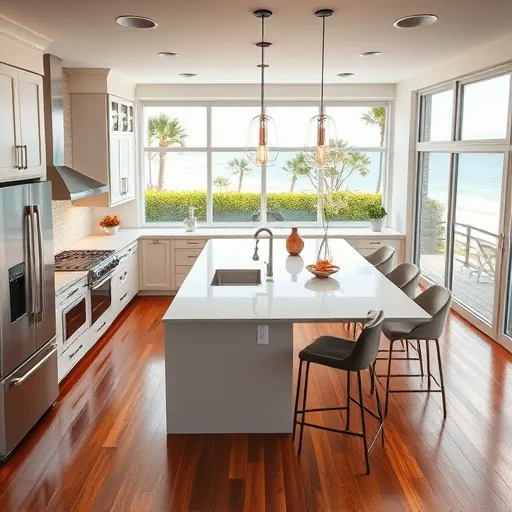 Remodeled kitchen in Juno Beach, FL with quartz countertops, stainless steel appliances, and large windows showcasing coastal views.