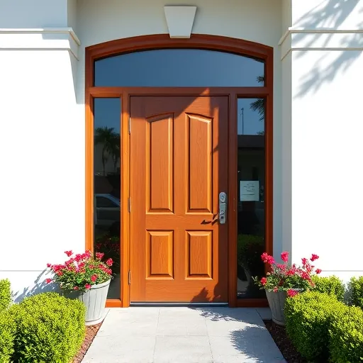 Finished wooden door installation in Port St. Lucie featuring modern design, decorative glass, polished finish, and landscaped surroundings