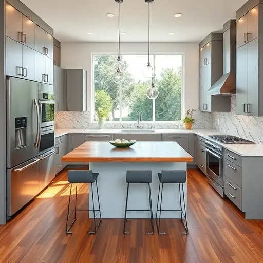Modern remodeled kitchen in Loxahatchee Groves FL with matte cabinetry quartz countertops stainless steel appliances and hardwood floors