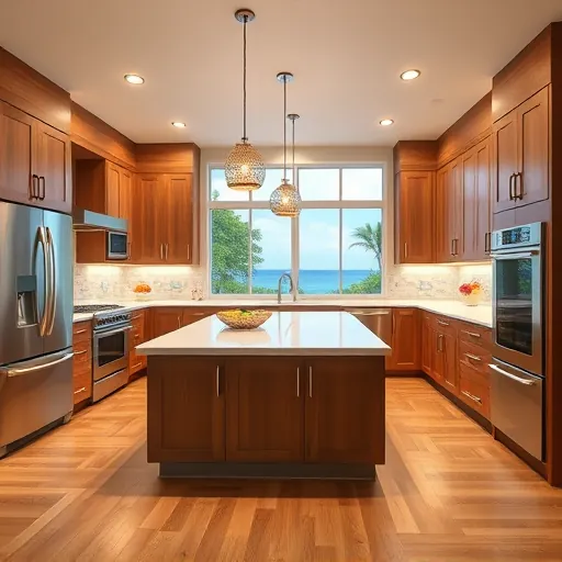 Remodeled Fort Pierce Florida kitchen with quartz countertops stainless steel appliances coastal backsplash hardwood floors and ocean views