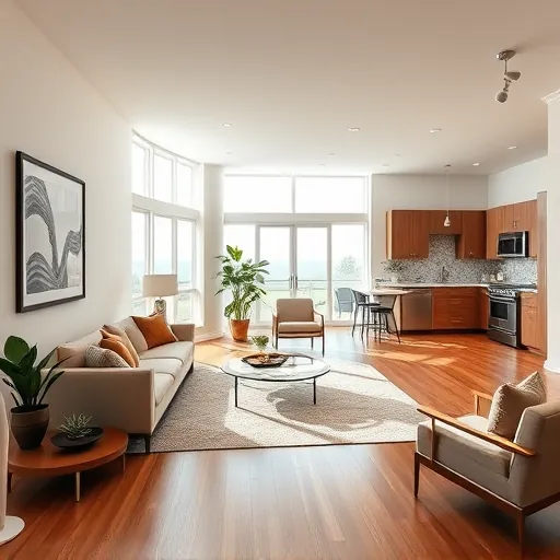 Freshly renovated living room in Port St. Lucie FL with modern furnishings, natural light, and open-plan kitchen.