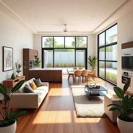 Modern open-concept living space in Jupiter FL features sleek furniture, wood flooring, and stylish kitchen with coastal decor.