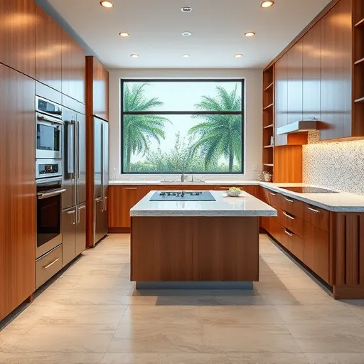 Renovated Port St. Lucie kitchen featuring quartz countertops, wooden cabinets, stainless steel appliances, and tropical views.