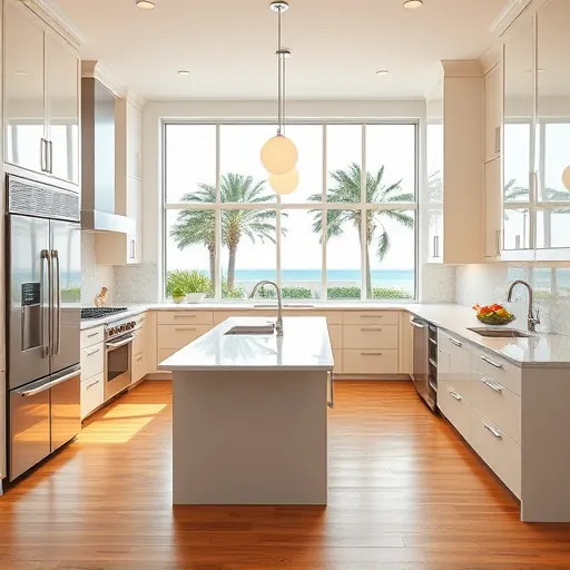 Remodeled Manalapan FL kitchen with modern cabinetry marble countertops stainless appliances island pendant lights lush view
