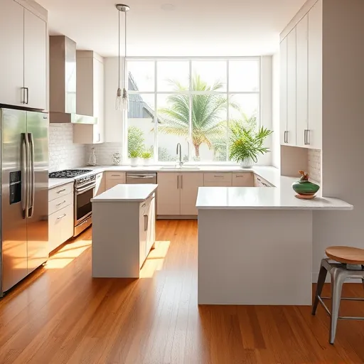 Remodeled Boynton Beach kitchen with modern matte cabinets, stainless steel appliances, granite countertops, hardwood floors, and tropical garden view