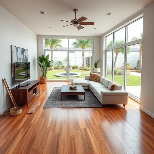 Fully renovated modern living room in Port St. Lucie with hardwood floors, contemporary furniture, large windows, tropical backyard, and quality finishes