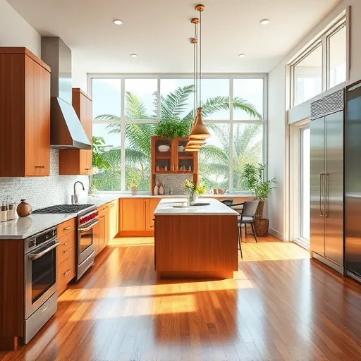 Modern renovated Port St. Lucie kitchen with granite countertops stainless steel appliances warm wood cabinets natural light hardwood floor lush greenery outside
