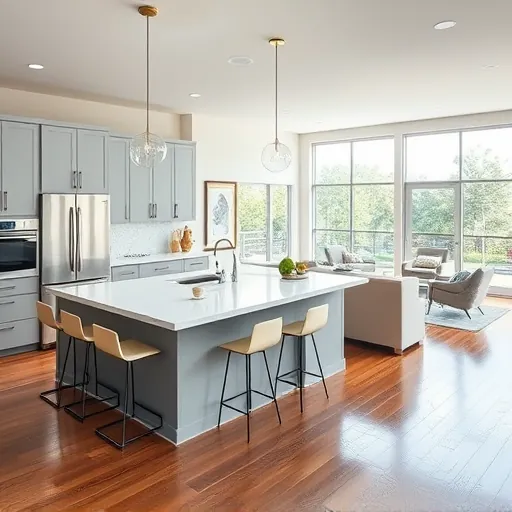 Contemporary kitchen remodel in Rio, FL features gray cabinetry, quartz countertops, and airy living spaces with hardwood floors.
