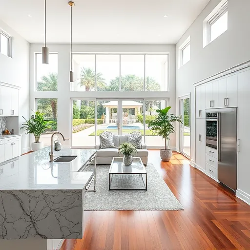 Modern open-concept living room in Vero Beach with high ceilings, sleek kitchen, and vibrant indoor plants.